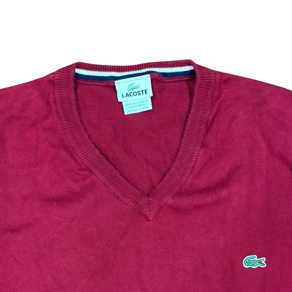 Lacoste Men's Size L (6) Red V-Neck Pullover Sweater 100% Cotton France